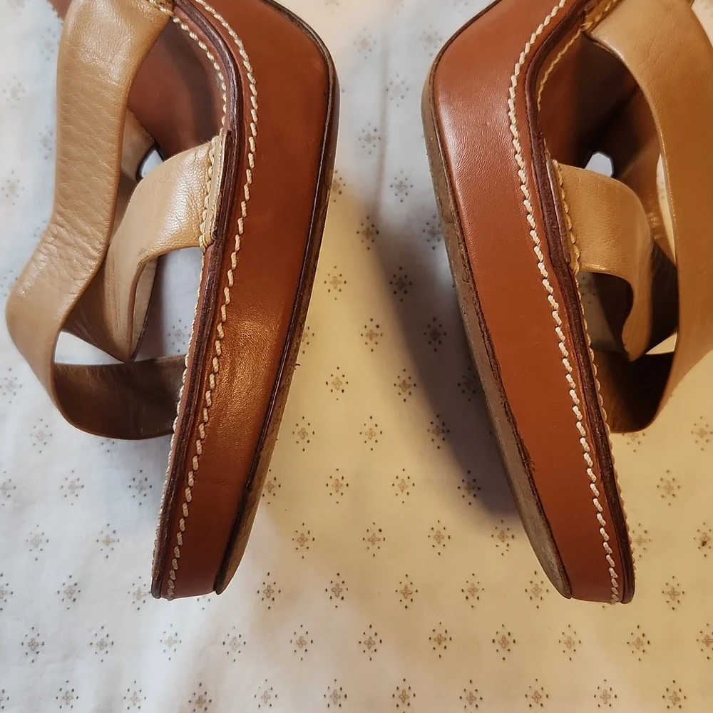 Yves Saint Laurent Tan Leather Cross-strap Heels Platform Slides Size 39/8.5